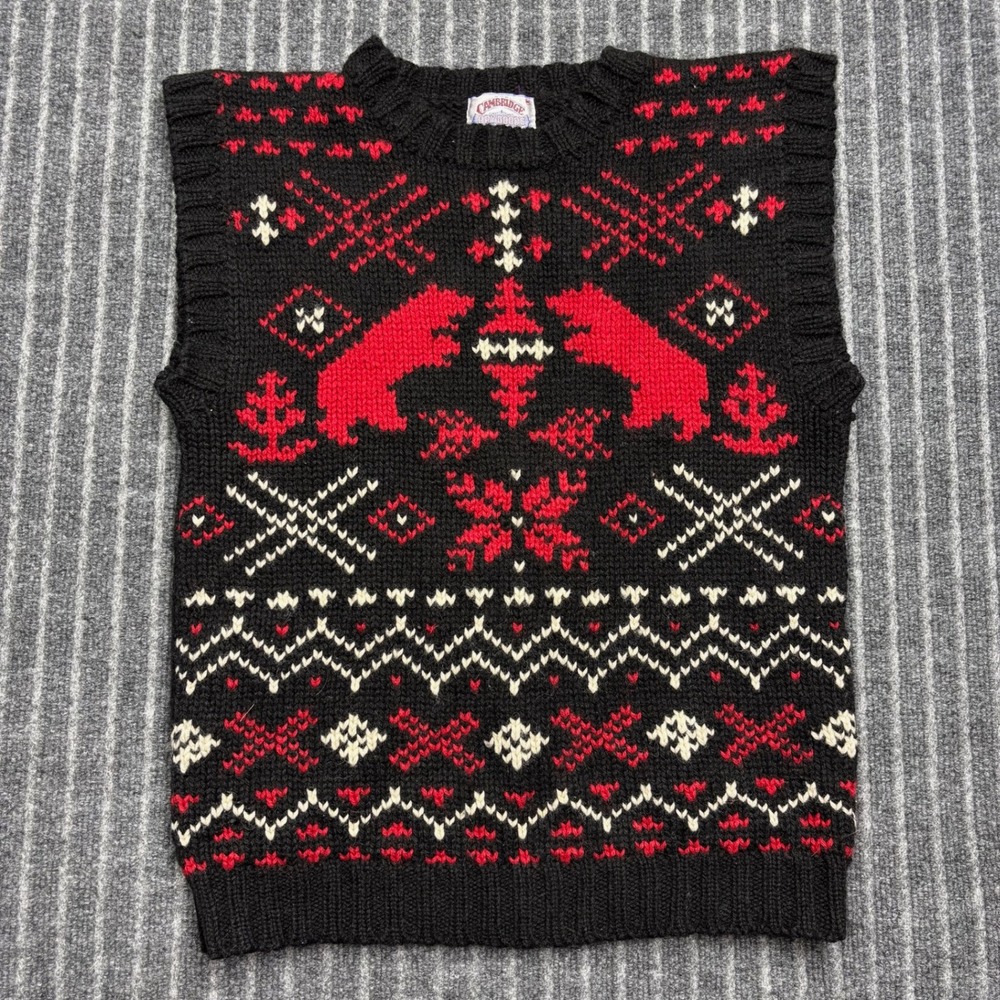 Cambridge Dry Goods Mens MEDIUM Black Fair Isle Bear Wool Sweater Vest (2426)